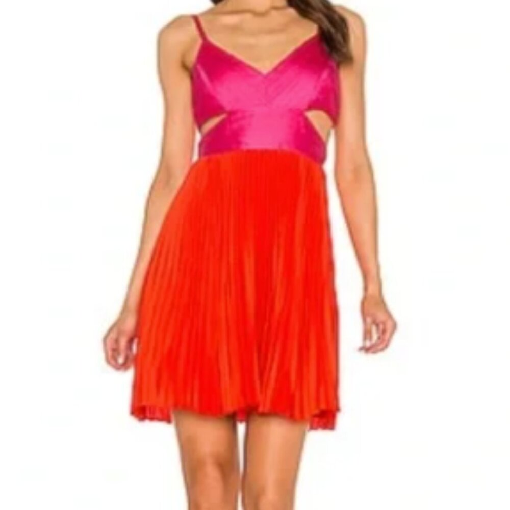 BCBGMAXAZRIA Cut Out Mini pleated Dress in Cherry Tomato Combo-  Med - size 10